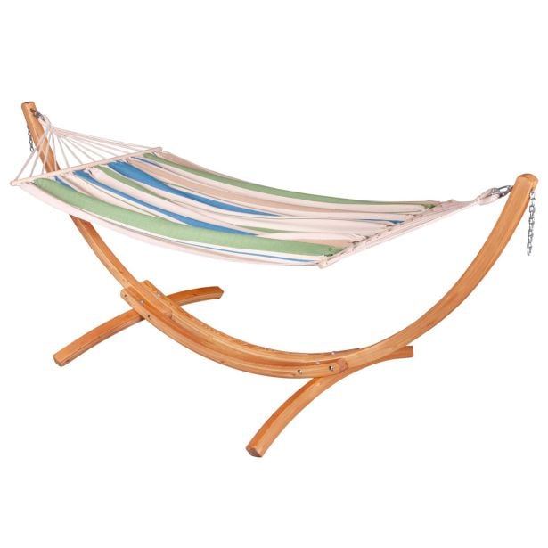 GUGALNA MREŽA LA SIESTA CHILLOUNGE SET GREEN BAY Viseča mreža z napenjalno prečko za zunanjo uporabo v kompletu s stojalom iz macesnovega lesa. Tudi stojalo je obdelano tako