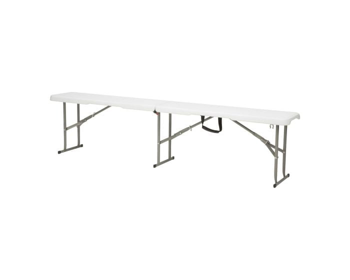 KOVINSKA KLOP MIRPOL VIVID 183X28 CM, BELA Lahka zložljiva klop VIVID. Dimenzije klopi: 183 x 28 x 43 cm. Material sedišča HDPE. Jeklena konstrukcija. Največja obremenitev: 180 kg. Neto teža