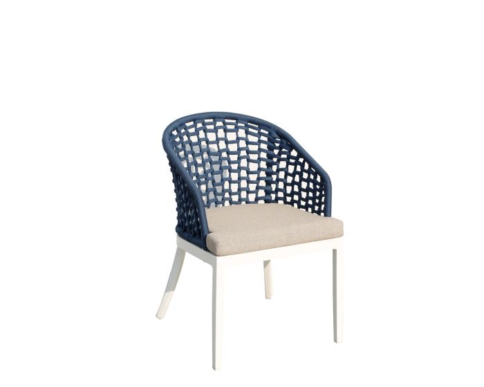 KOVINSKI STOL MQ AOSTA Aluminijasti stol z rokonasloni Aosta v beli in modri barvi z blazino. Vrv iz poliestra. Mere (š/g/v): 56/60/79 cm.