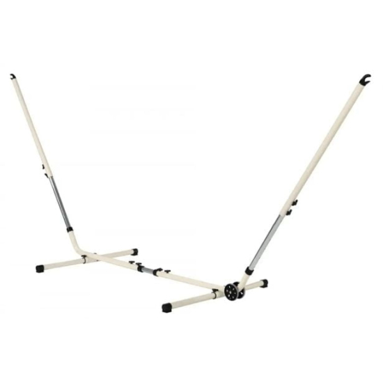 Jekleno stojalo za visečo mrežo. Stojalo sestavite ali razstavite v dveh minutah in ga zato lahko peljete s seboj kamorkoli in si ustvarite svojo oazo