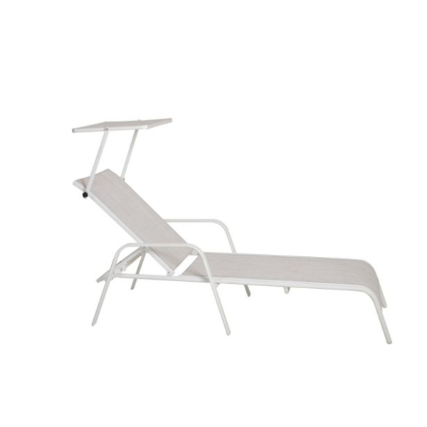 kovinski-lezalnik-mq-atticus-nastavitve-4-pozicije-3394748-1 z naslonom za roke in senčnikom.Cev prašno prevlečena v peščeno beli barvi.Mere:Dolžina: 193 cm.Širina: 66 cmVišina: