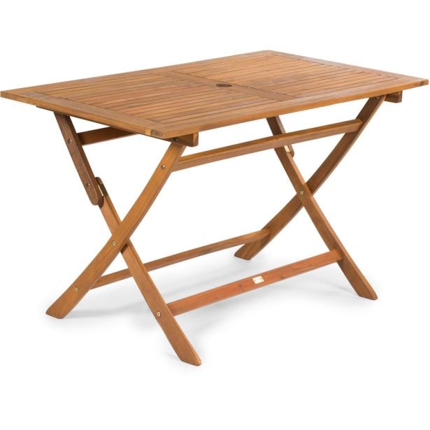 LESENA MIZA FIELDMANN FDZN 4011-T, 120X70X74 CM ZLOŽJIVA, AKACIJA Lesena miza mere (dxšxv):120x70x74 cm. Na sredini mize je luknja za namestitev senčnika.