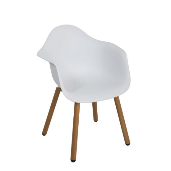 Stol s plastičnim sedežom in naslonjalom v beli barvi