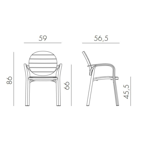 vrtni-stol-palma-biancotortora-nardi-307387-3 ki ga zaznamujejo velike letvice. Tanke noge segajo vzporedno s sedežem in hrbtom. Lahek in