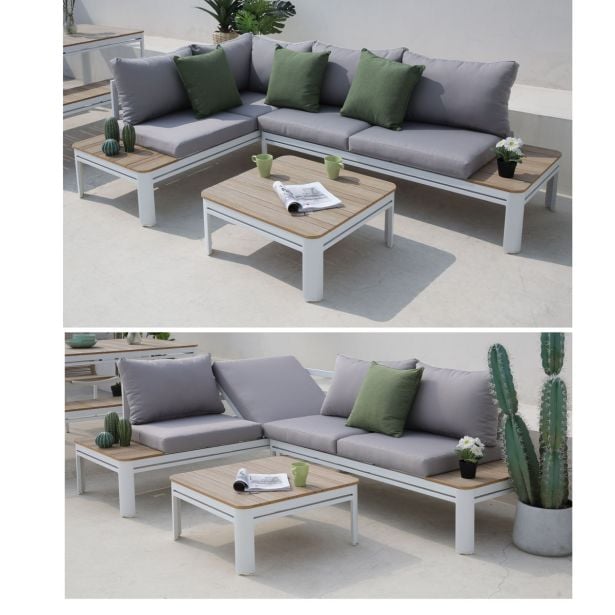 KOVINSKA VRTNA GARNITURA MQ MONO, KOTNA 3 DELNA Kotna vrtna garnitura Mono velikost:- dvosed (š/g/v): 155x71x65 cm- kotni dvosed z enim nastavljivim sedežom (š/g/v):157x71x65 cm- kavna mizica (d/š/v):