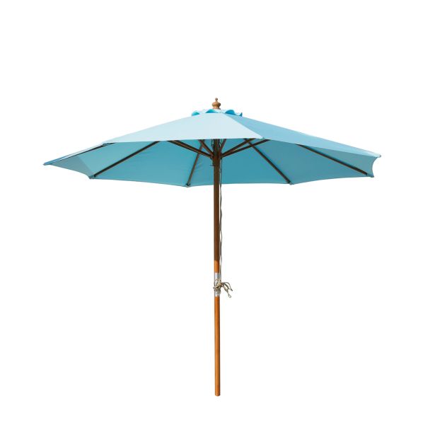 MQ HVAR SENČNIK, SVETLO MODER Senčnik v svetlo modri barvi velikosti fi 300 cm in višine 245 cm. Ogrodje iz bambusa. Nosilec 48 mm