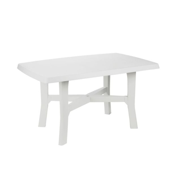 Rodano pravokotna miza s povezanimi nogami in z držalom za senčnik. Uporaba senčnika samo s podstavkom. Mere mize 138 x 88 x 72 cm.