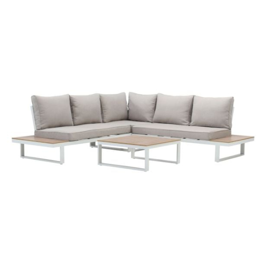 KOTNA GARNITURA CLARA 5P W/NIZKA TBL ALU SINTETIČNI LES BELAKOTNA VRTNA GARNITURA CLARAMere leva sofa: 83/166/85cmMere desna sofa: 83/166/85cmMere kotni del: