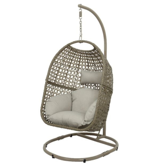 Viseči stol ali vrtni jajček s pleteno košaro in udobnimi blazinami. Košara v dimenziji (dolžina x širina x višina) 122 x 93 x 63 cm. Skupna višina