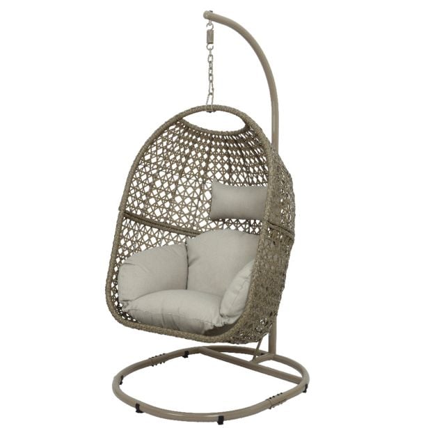 VRTNA GUGALNICA DECORIS VISEČI VRTNI STOL JAJČEK ROYAN, RJAV Viseči stol ali vrtni jajček s pleteno košaro in udobnimi blazinami. Košara v dimenziji (dolžina x širina x višina) 122 x 93 x 63 cm. Skupna višina