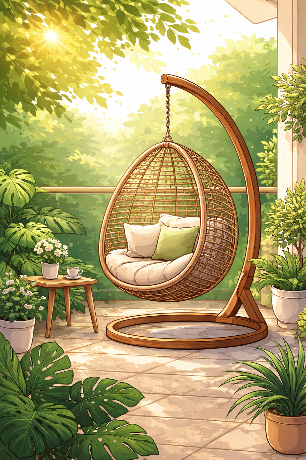 Viseči stol na vrtu v prijetni senci z naravnimi odtenki, primerjava z visečo mrežo